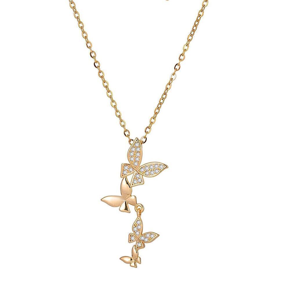 18K Gold Plated Butterfly Necklace Stainless Steel Cubic Zirconia Women's